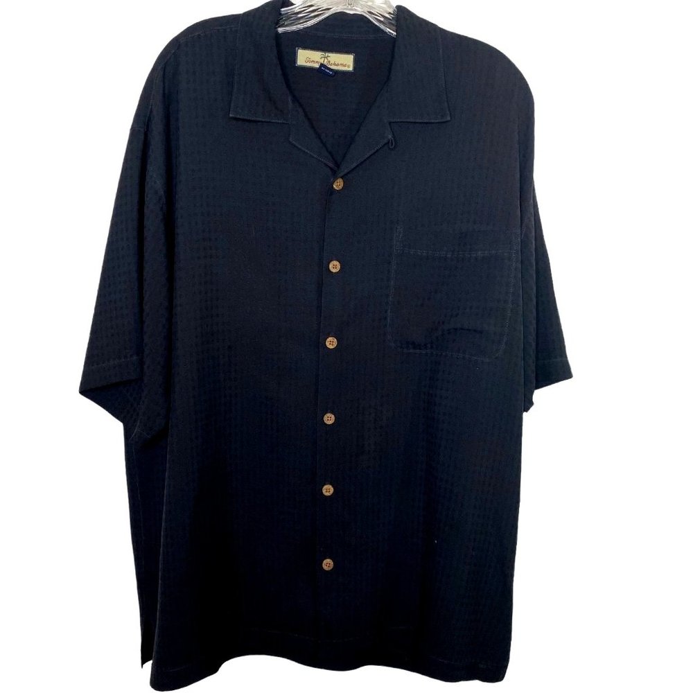 TOMMY BAHAMA MENS VINTAGE BLACK SILK HAWAIIAN STYLE BUTTON UP SHIRT SIZE LARGE